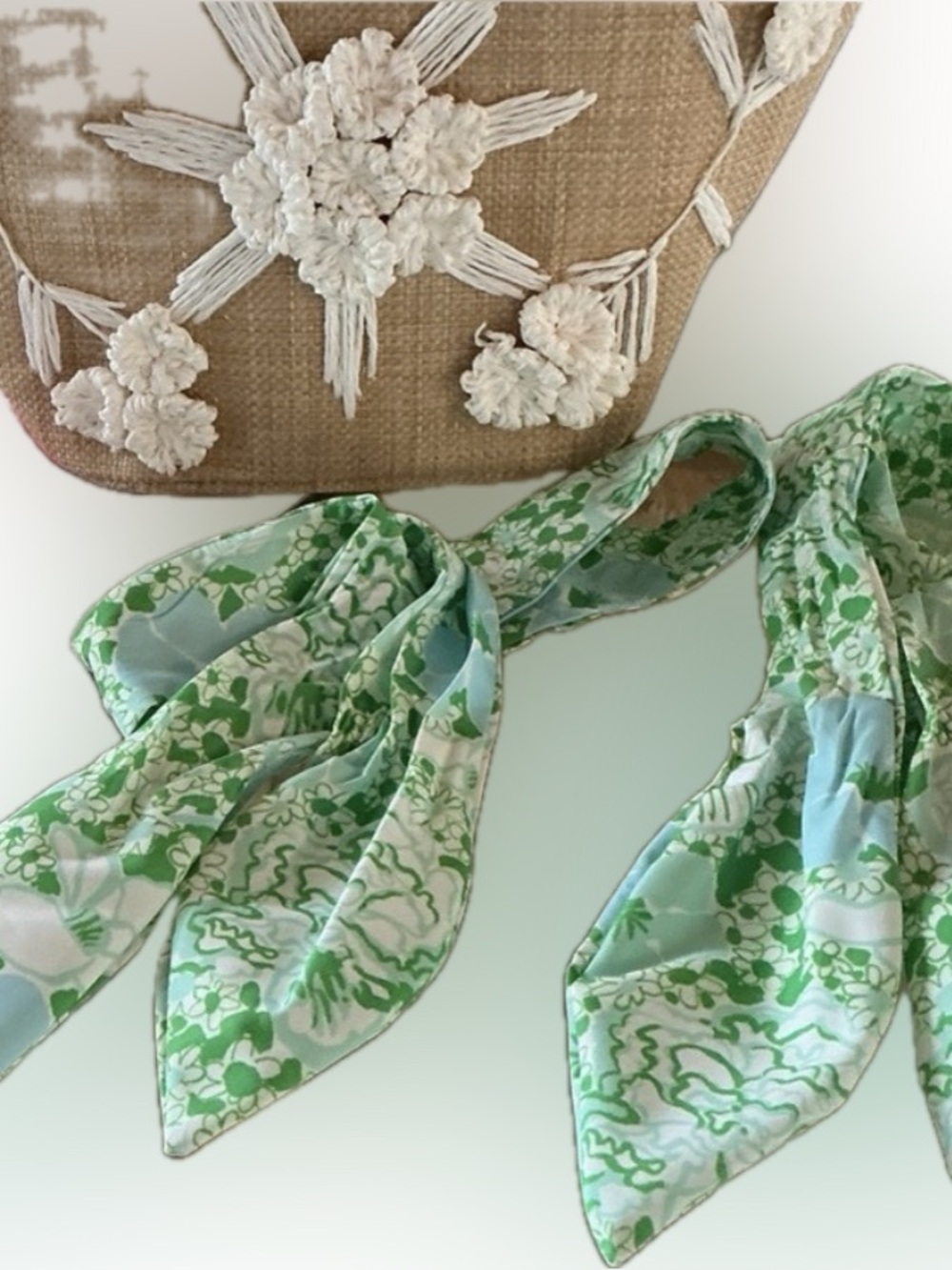 Lilly Pulitzer, NWTs Woven Straw Floral Tote with Green Scarf Handles w scarfs - Picture 7 of 7
